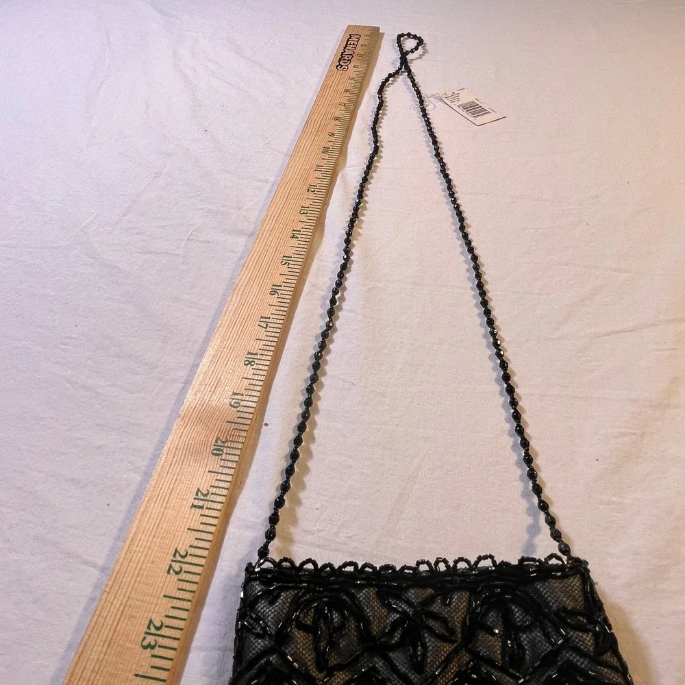 Indeed Black Beaded Lace Evening Clutch‎ Purse Bag Fringe Strap